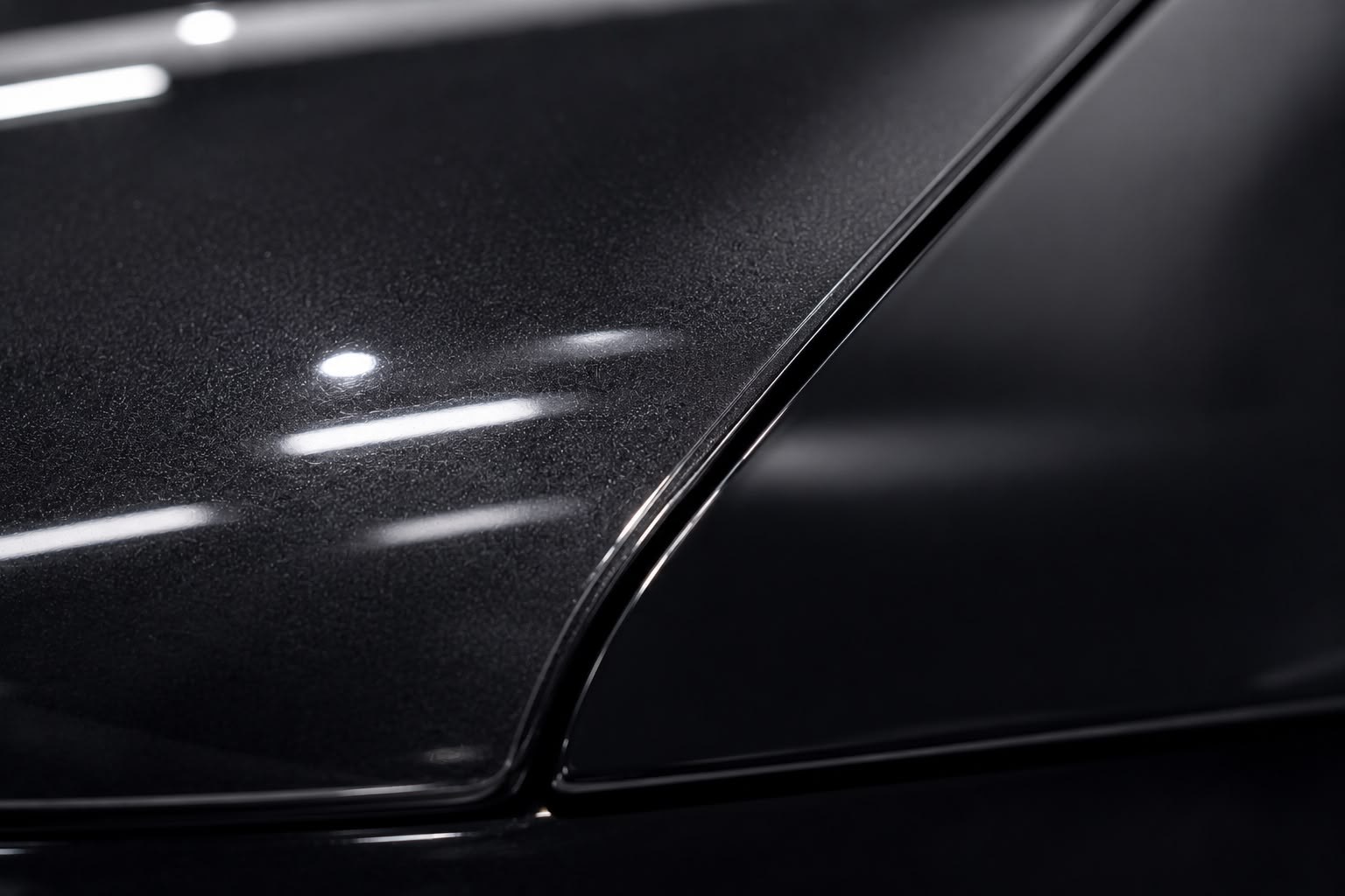 Glossy black automotive paint under studio lighting