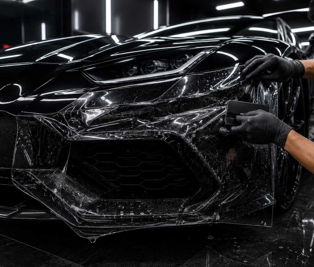 Premium black sports car receiving Legend Pro paint protection film installation